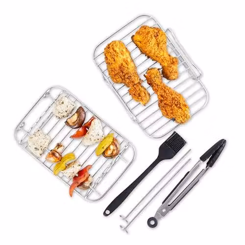 Tower T843096 8-Piece Silicone and Stainless Steel Air Fryer Accessory Set in Black and Silver with Tongs, Skewers, Basting Brush and Roasting Racks