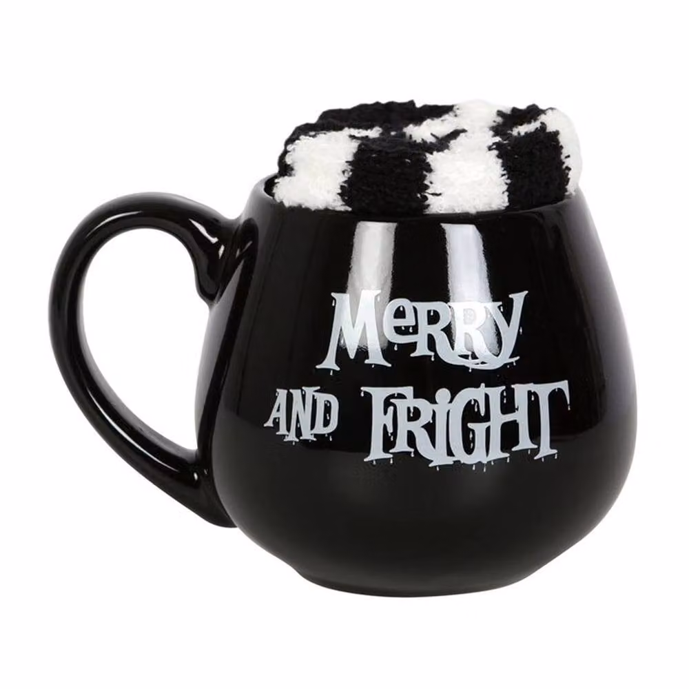 Uniqueful Merry & Fright Mug and Socks Set in Black and White, 550ml – 3