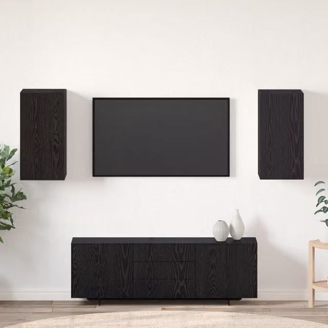 Berkfield Home Modern Wall-Mounted TV Unit Set with Storage Shelves and Hinged Doors in Black Oak Finish