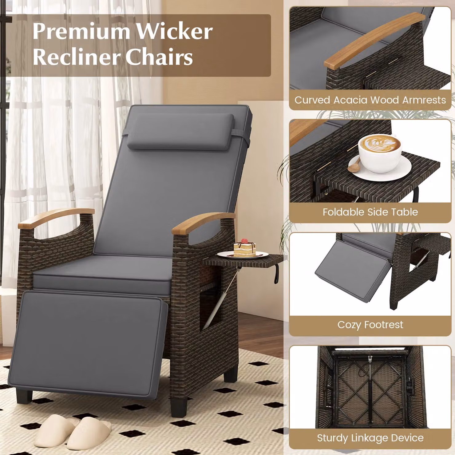 Gymax Grey Rattan Patio Recliner Chair with Acacia Wood Frame – 9