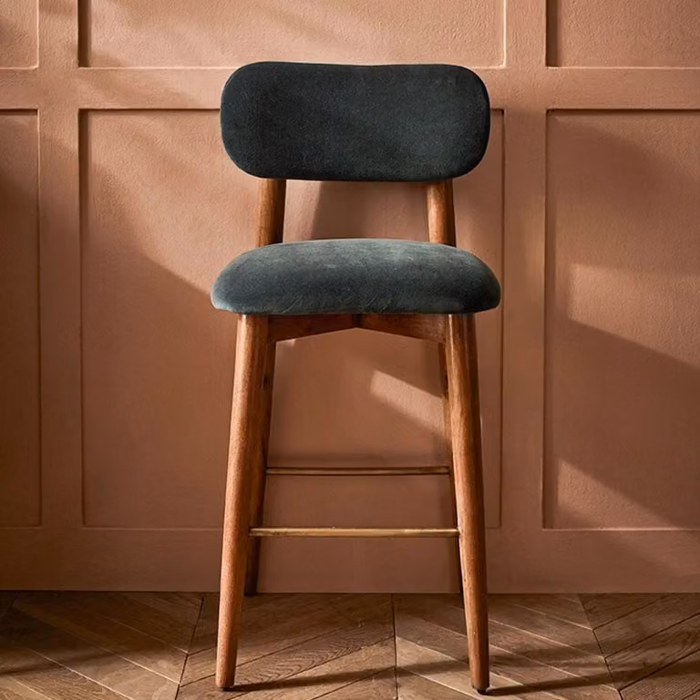 Atkin & Thyme Layla Bar Stool in Petrol Blue Velvet with Mango Wood and Metal Frame