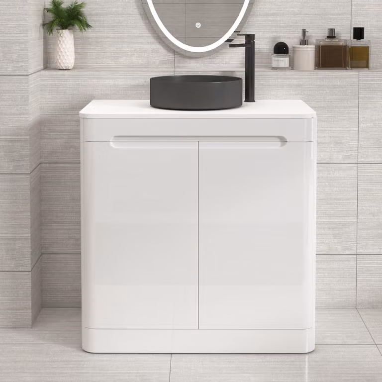 Royal Bathrooms Venice 800mm Gloss White Floor Standing 2 Door Vanity Unit with Plain White Worktop and Art Deco Round Basin