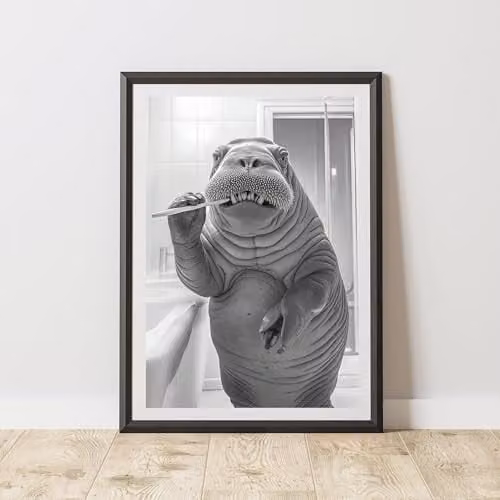 60 Second Makeover Walrus Brushing Teeth Animal Print Paper Poster, A3, Black, White and Grey