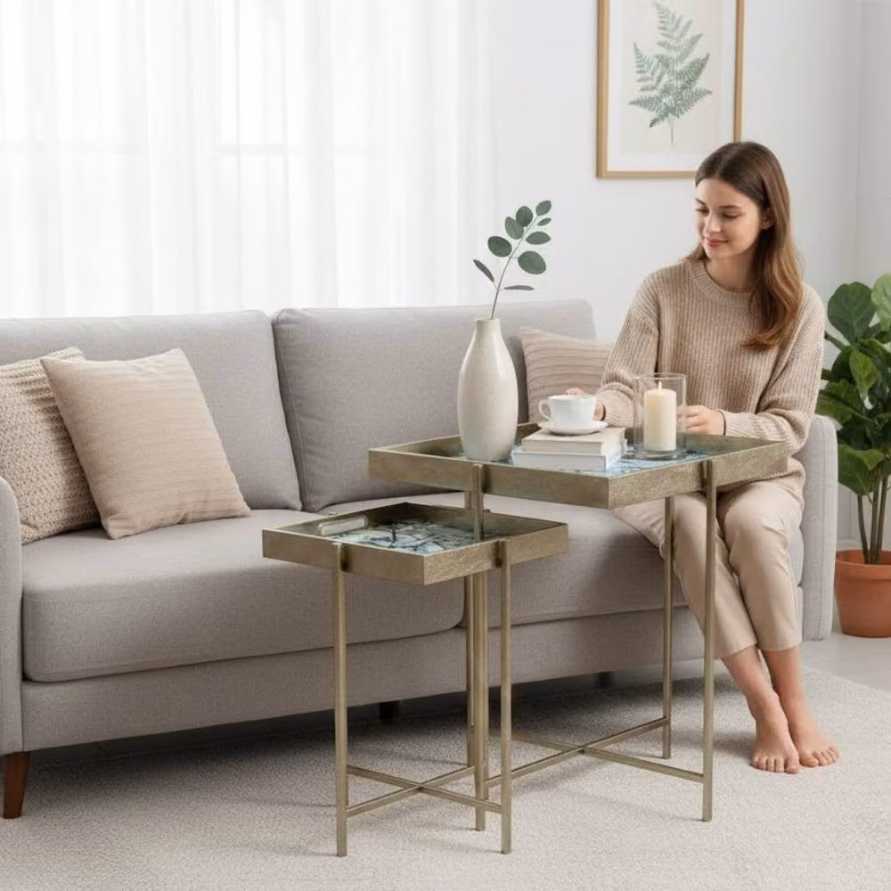 Minster Stylish Living Ltd Set of 2 Square Marble-Effect Tray Top Tables with Gold Metal Frames – 3