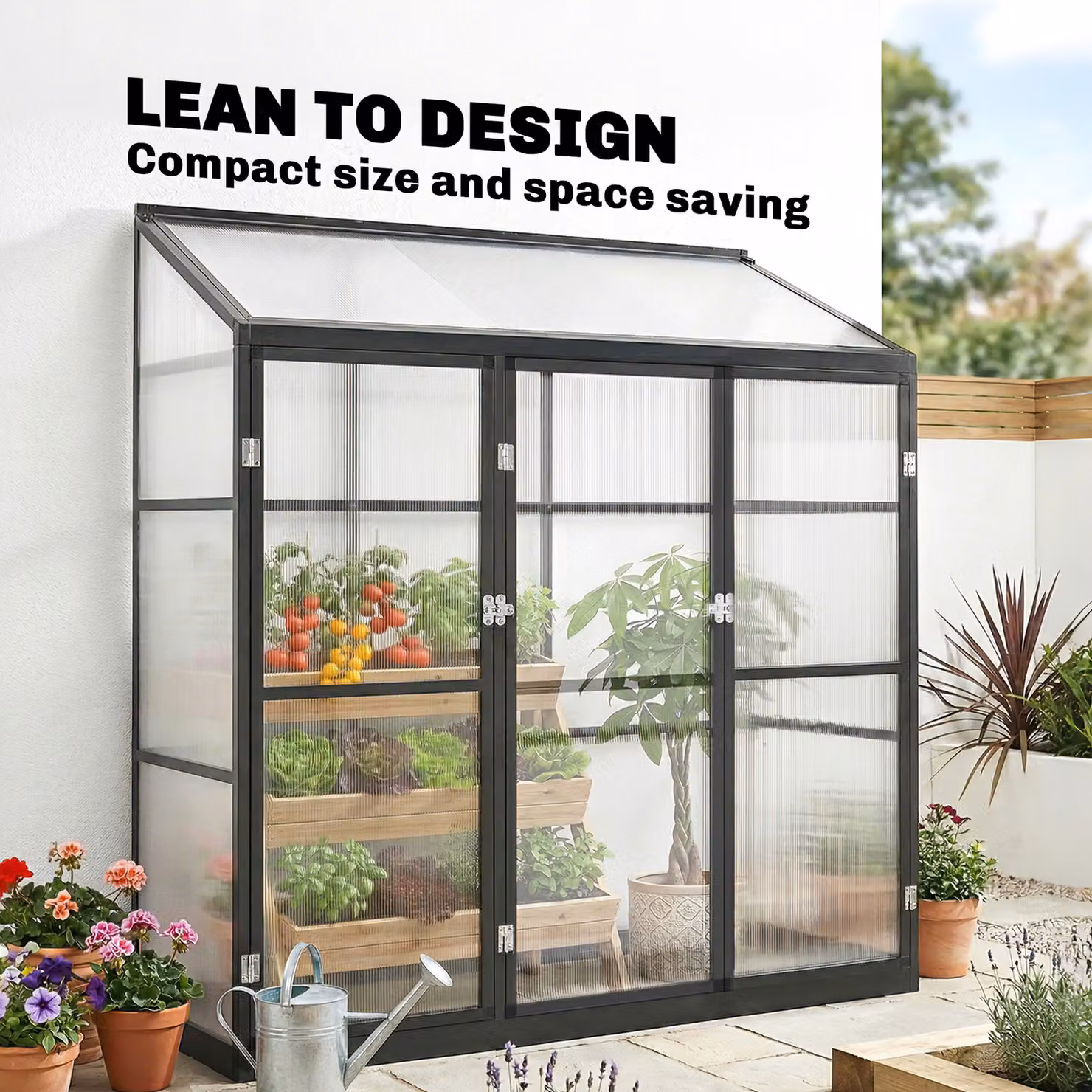 Outsunny Black Polycarbonate Lean-to Walk-in Greenhouse with 3 Hinged Doors and Top Vent – 4