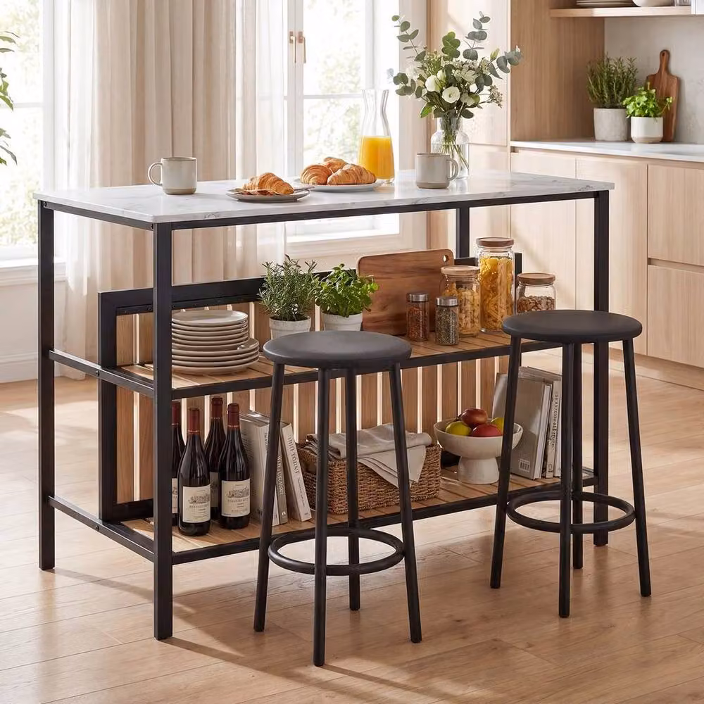 SPETLEK Modern White Kitchen Island and Bar Stool Set with Marble Effect Table and 2 Stools – 6