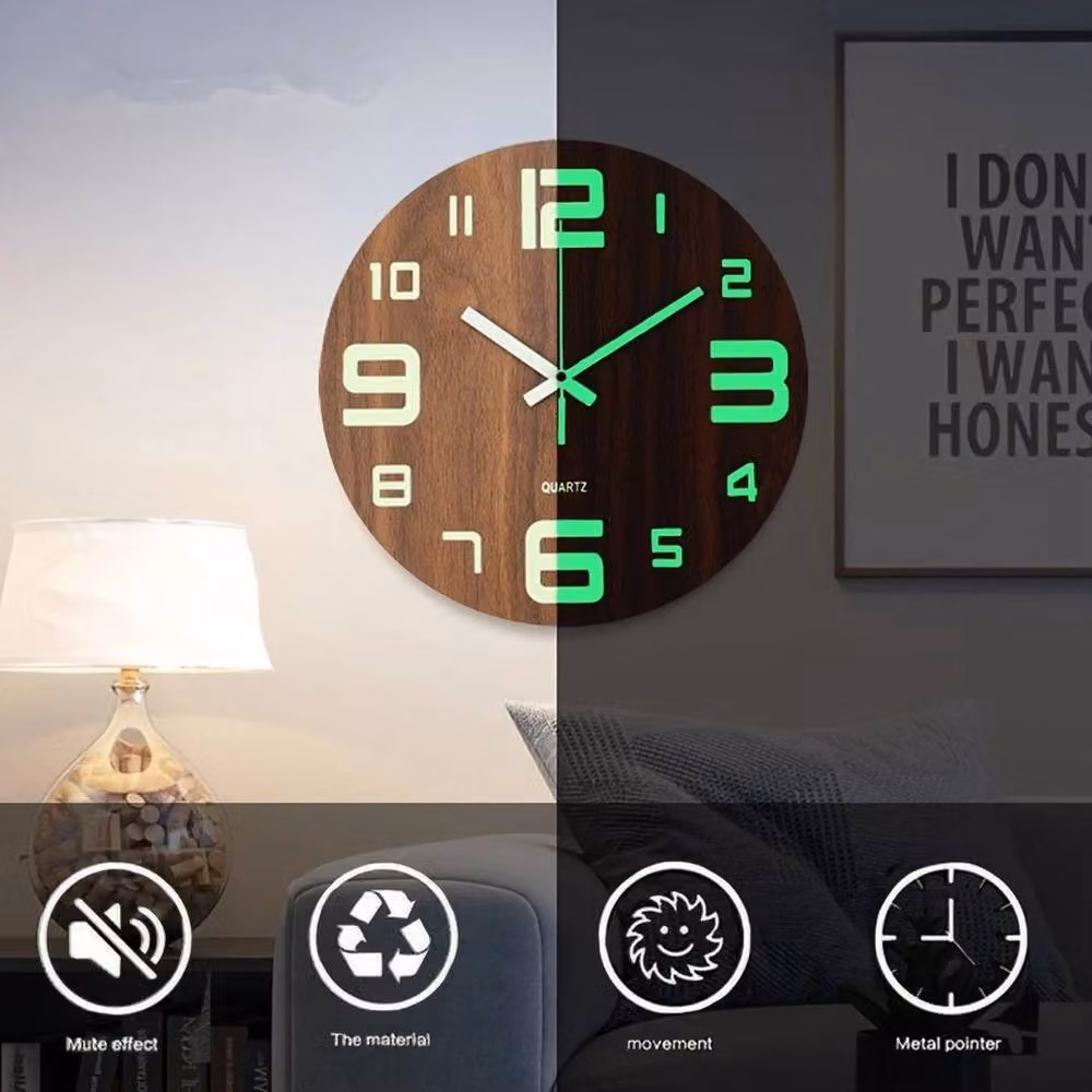 FLAVORA Round Illuminated Silent Wall Clock in Brown, W/D/H: 30.48 x 30.48 x 30.48 cm – 3