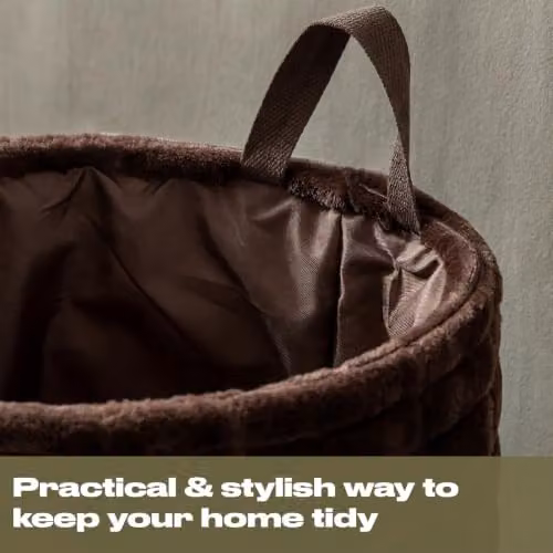 OHS Small Ribbed Faux Fur Storage Basket with Handles, Brown, W/D/H: 26.0 x 26.0 x 30.0 cm – 3