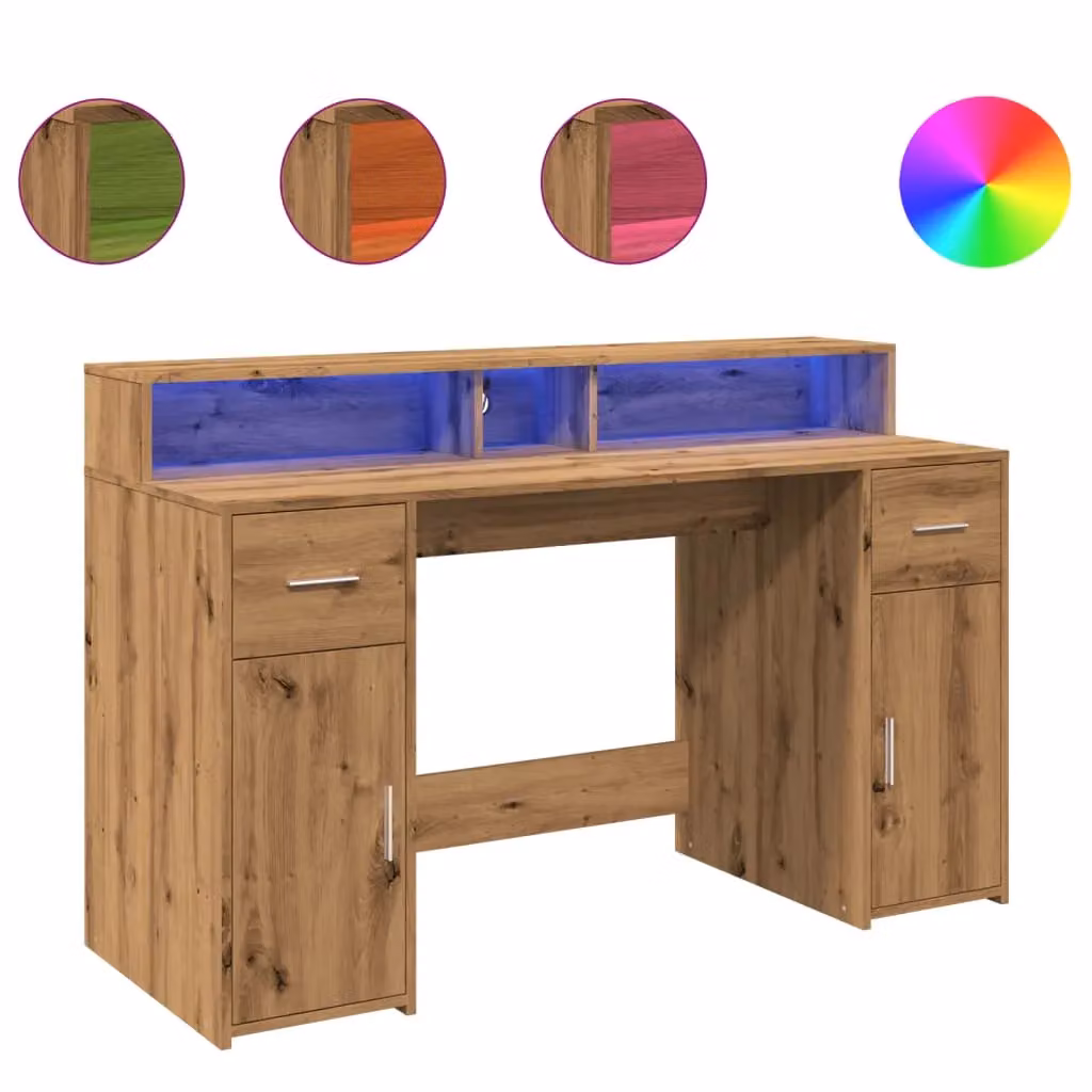 Berkfield Modern Gaming Desk with LED Lights in Artisan Oak Brown, W/D/H: 140 x 55 x 91 cm – 2