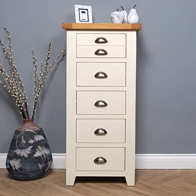 Elm Home And Garden Painted Cream Oak Tall Boy Chest Of Drawers, Height: 116 cm – 1