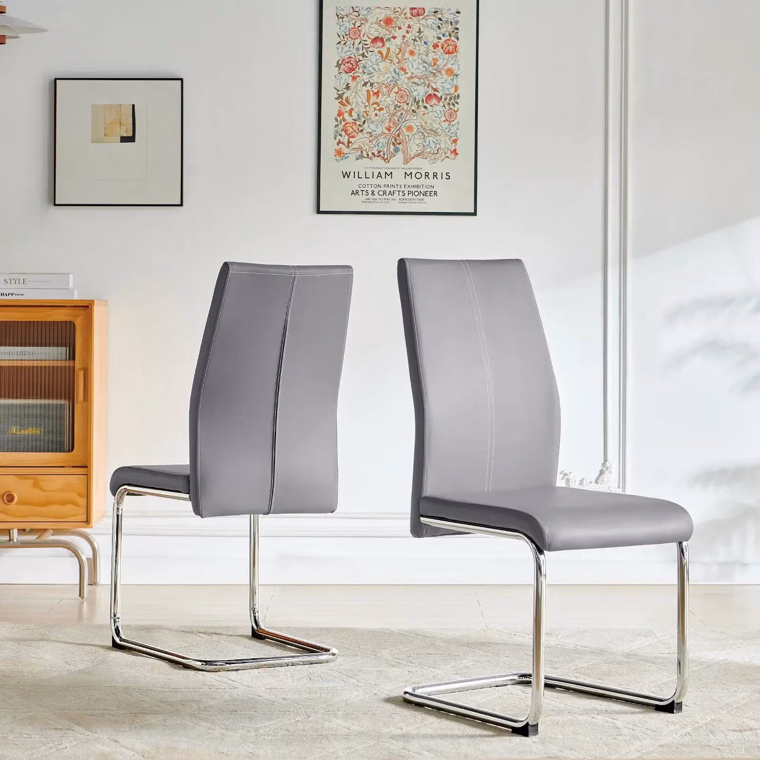 SONARA Set of 4 Modern Faux Leather Dining Chairs with Chrome Metal Cantilever Legs in Grey – 2