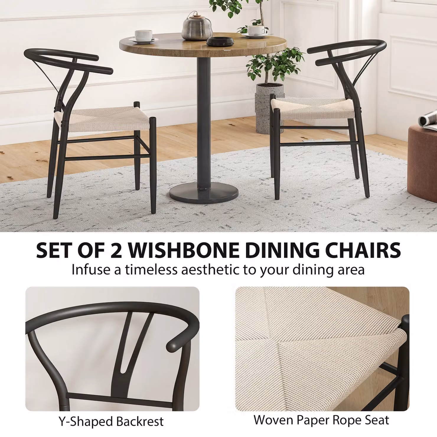 HOMCOM Set of 2 Mid-Century Dining Chairs with Y-Shaped Backrest and Black Paper Rope Woven Hemp Seats – 3