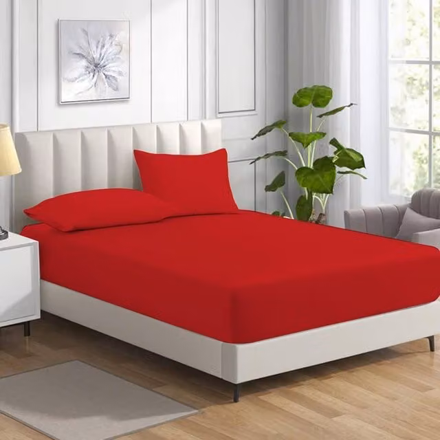 Homes-Linen Non Iron Red Polycotton Percale Fitted Sheet, Size: Double (140 x 200 cm), Depth: 25 cm