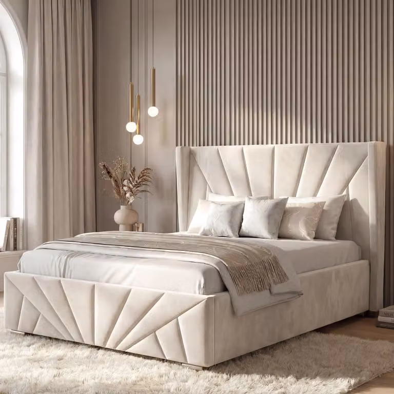 DHS Sunrise Velvet Ottoman Storage Bed Frame, Beige, W/D/H: 180 x 200 cm