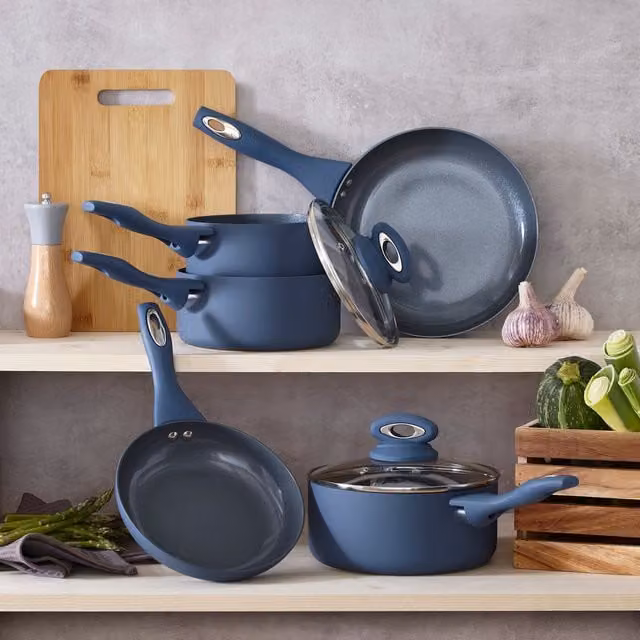 5 Piece Cermalon Blue and Silver Ceramic Cookware Set with Saucepan, Frying Pan and Glass Lids