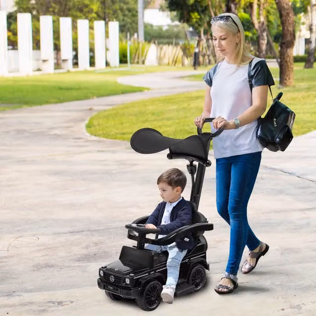 COSTWAY Benz Mercedes 3-in-1 Ride On Push Car with Canopy, Light and Sound, Black
