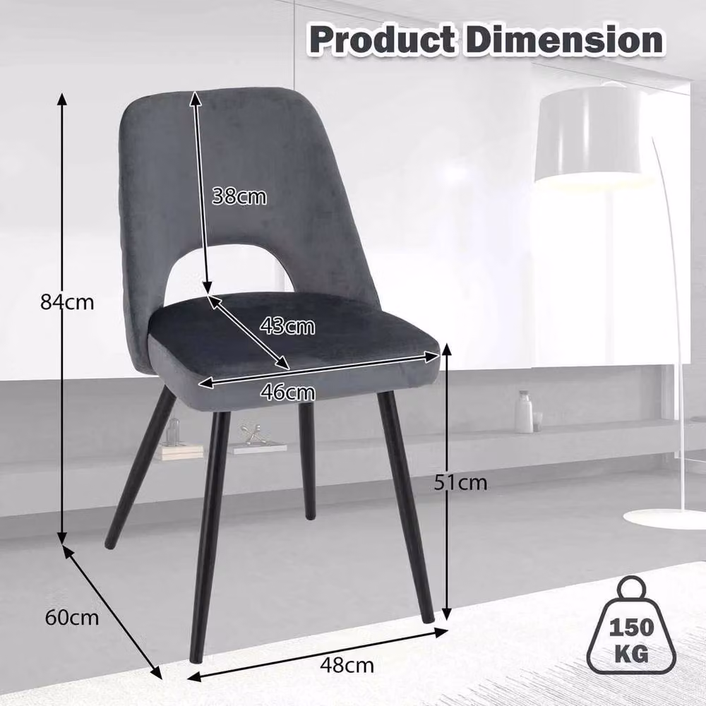 KORVIXA Set of 2 Grey Velvet Modern Accent Dining Chairs with Armrests, H 84 x W 48 x D 100 cm – 2