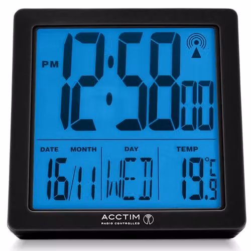 Acctim Varsity Digital Radio Controlled Alarm Clock with Crescendo Alarm, Date and Temperature Display in Black – 1