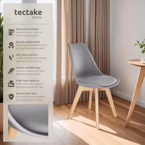 tectake Set of 6 Scandinavian Design Dining Chairs with Wood Legs in Grey – 3