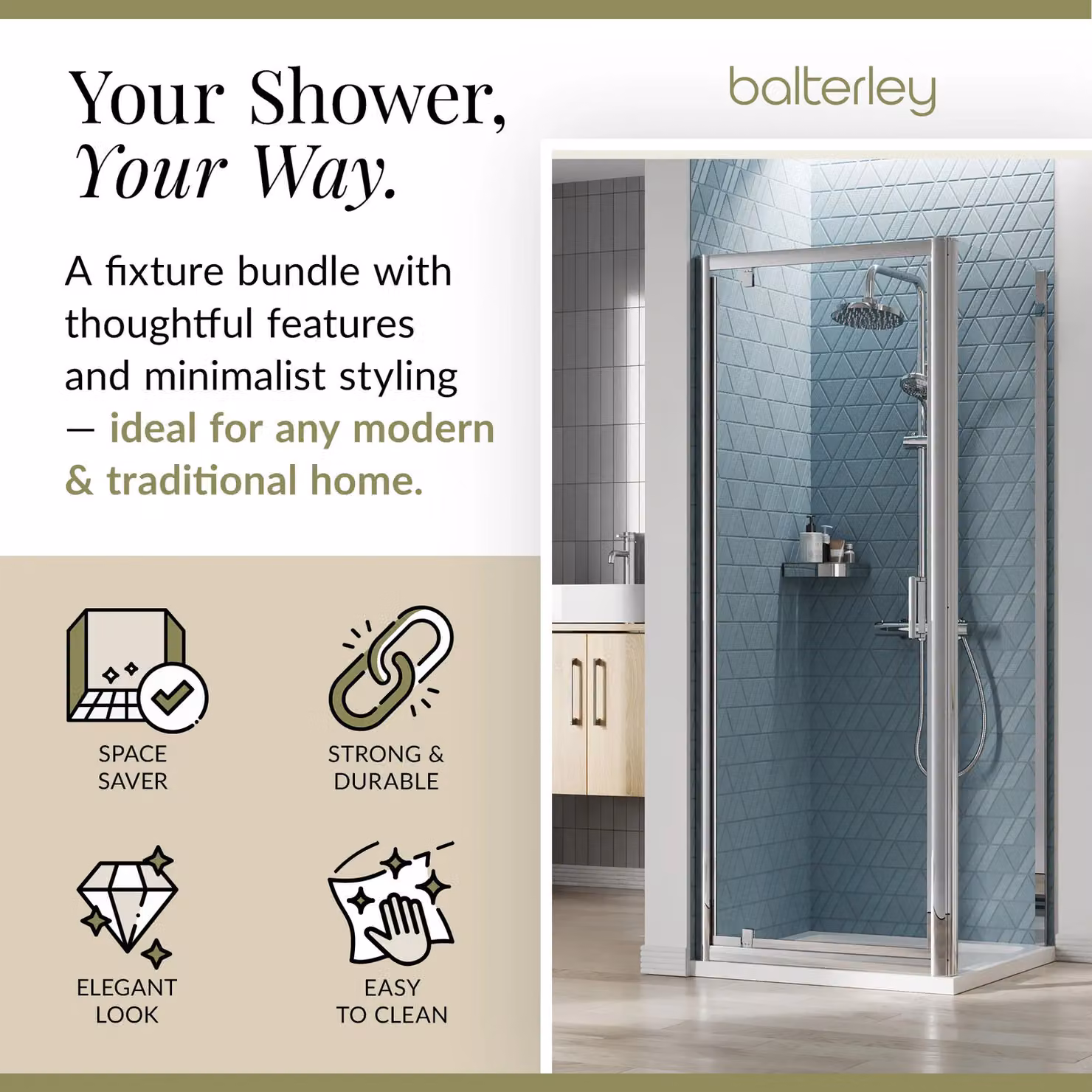 Balterley Ruwa Square Corner Pivot Shower Suite in Silver with 6mm Glass and Tray, W/D: 760 x 760 mm – 2