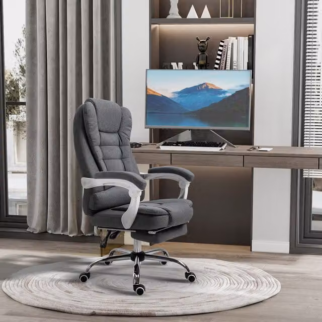 Vinsetto Ergonomic Office Chair with Footrest in Grey and White Fabric