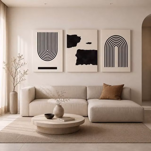 Mafett Modern Abstract Canvas Wall Art Set of 3 in Black, White and Beige, W: 45.72 cm, H: 60.96 cm – 1