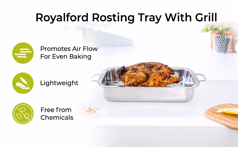 Royalford Stainless Steel Rectangular Roasting Tray with Grill Rack in Silver – 4
