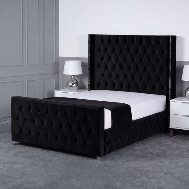 Living Comfort Bedz Executive Luxe Plush Velvet Upholstered Bed with Slatted Base in Black, Size: 180 x 200 cm – 1