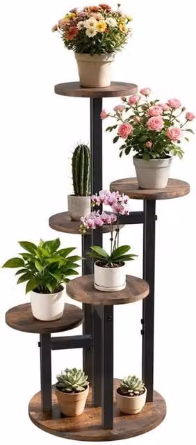 Kelvenix 6 Tier Round Industrial Plant Stand and Flower Shelf in Brown – 1