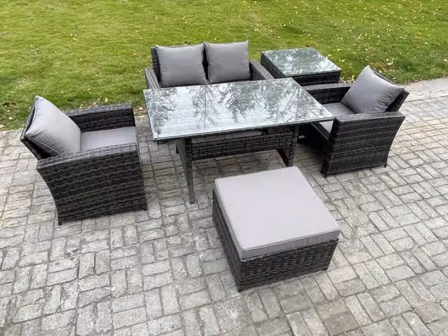 Fimous Dark Grey PE Wicker Outdoor Garden Furniture Set with Rectangular Glass Top Dining Table and Lounge Sofa