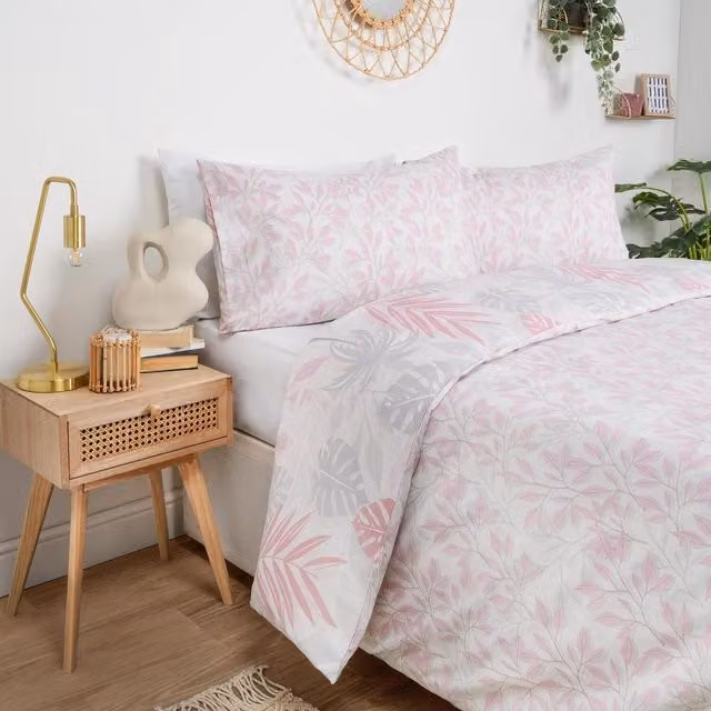 Dreamscene Tropical Floral Print Reversible Duvet Cover and Pillowcase Set in Grey and Pink, Single, Duvet Cover: 90 x 200 cm