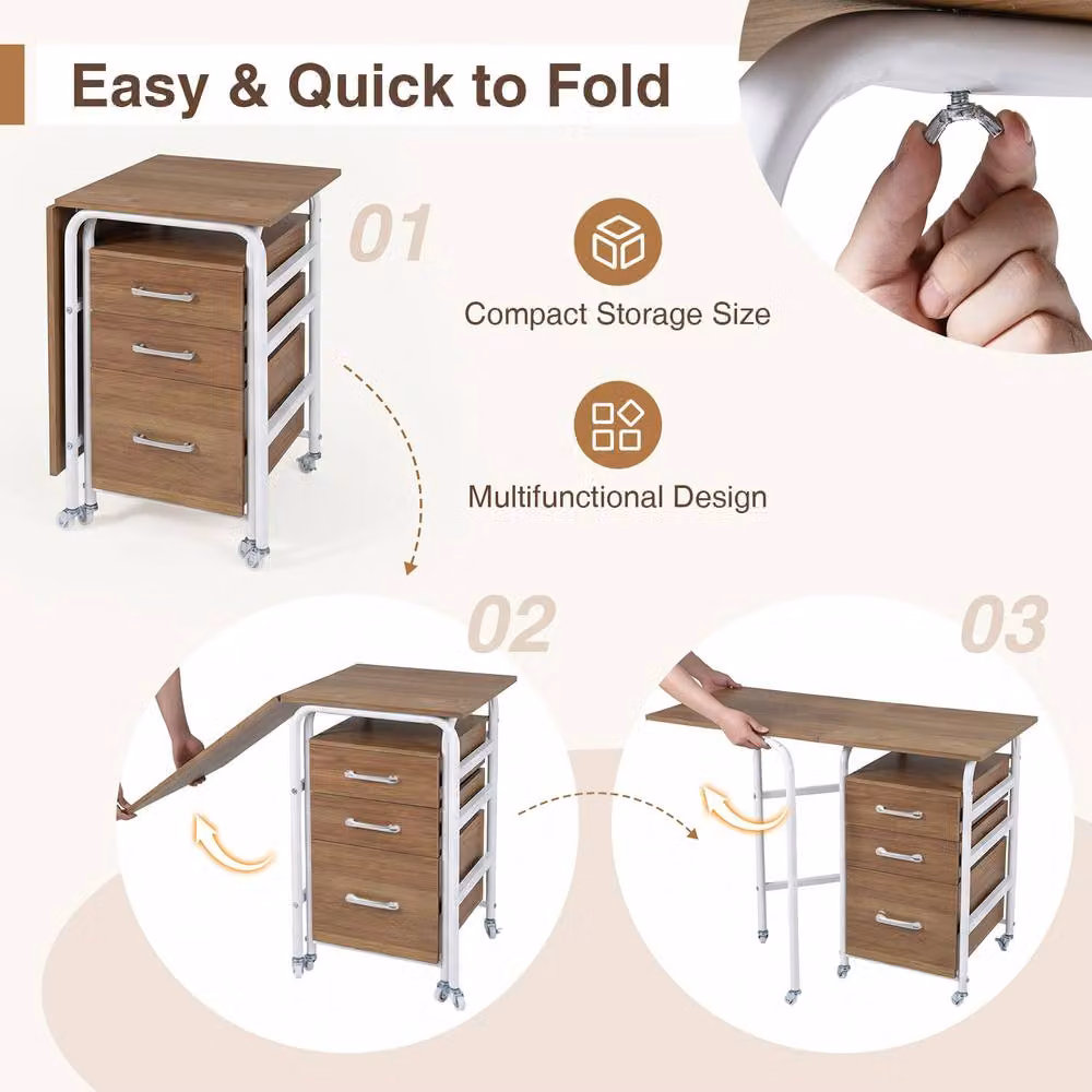 Costway Folding Computer Desk with 3 Drawers in Natural – 6