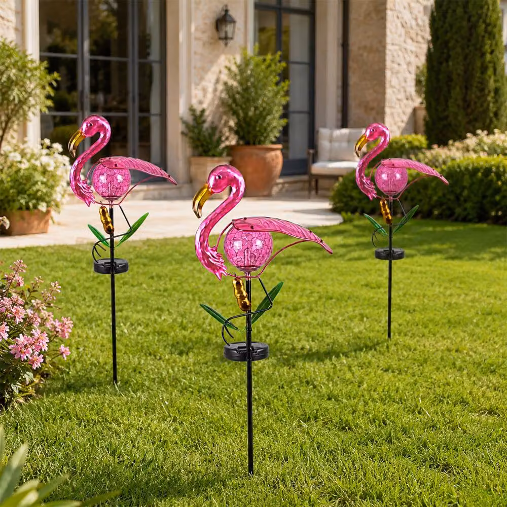 Bright Zeal Pink Metal Solar Flamingo Garden Stake Light with Dusk Sensor – 6