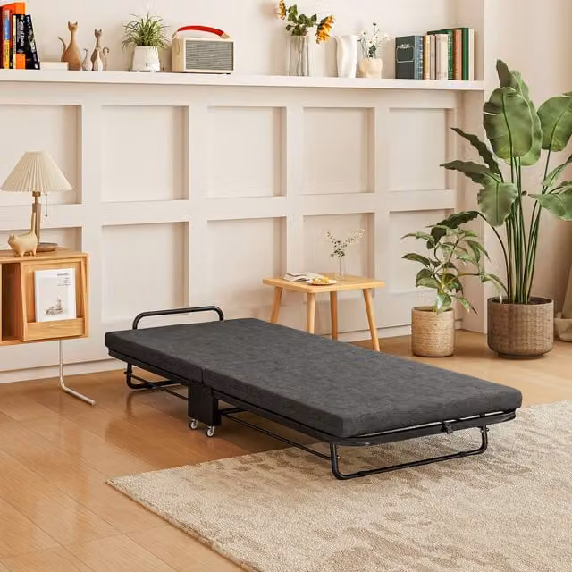 HOMCOM Grey Folding Single Rollaway Bed with Foam Mattress and Wheels