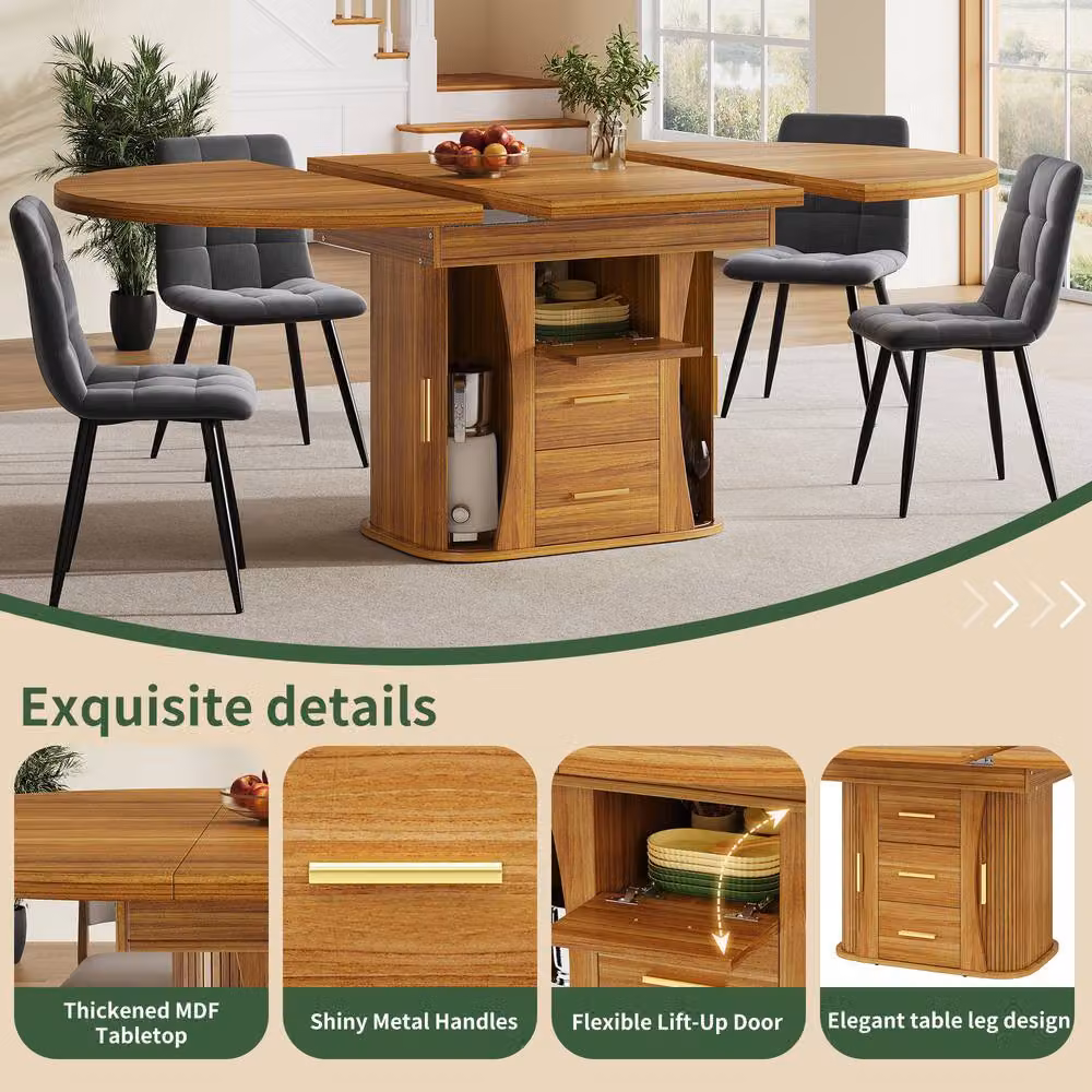 BTM Extendable Round Dining Table with Lift Mechanism and 3-Tier Storage, Brown, Diameter: 118 cm, Height: 77 cm – 5
