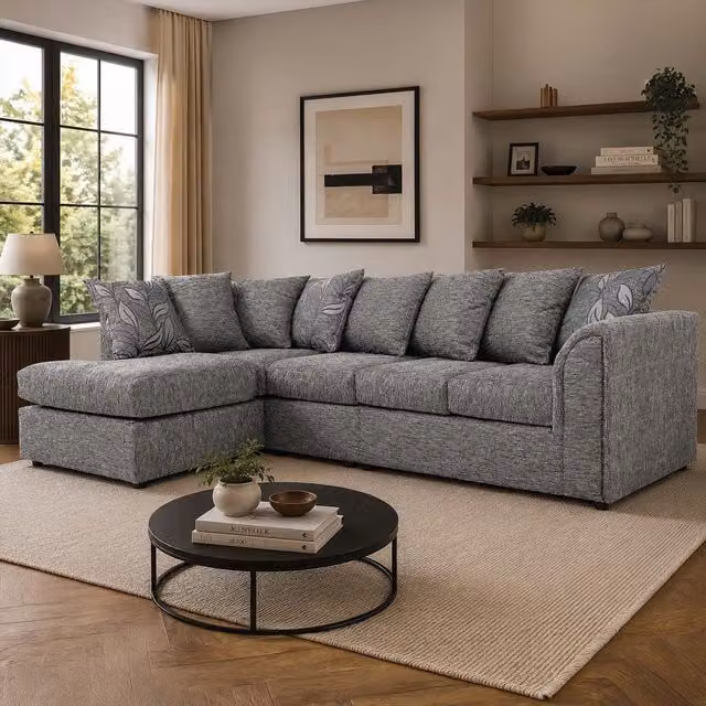 Furnishings For Less UK Byron Dundee Chenille Fabric 5 Seater L Shaped Corner Sofa in Grey, Left Hand Facing