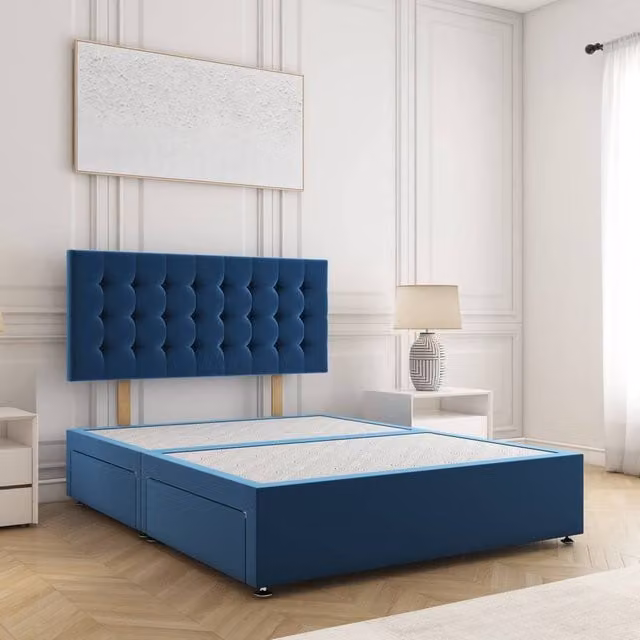 BSSPOKE Maria King Size Plush Velvet Divan Bed with 24 inch Headboard and 4 Drawers in Blue, W/D/H: 180 x 200 cm