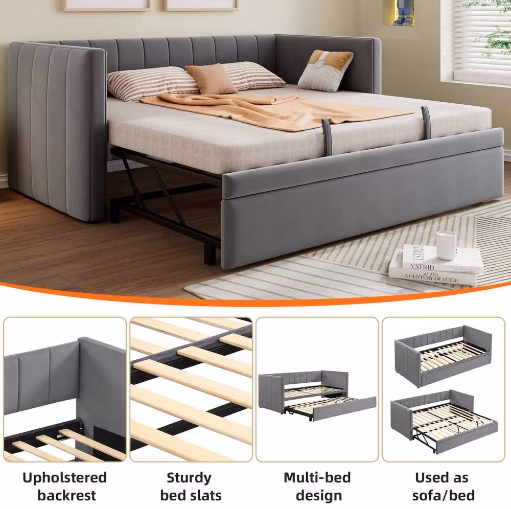 STILVORA Modern Upholstered Single Daybed with Pull Out Trundle in Grey Fabric, W/D/H: 90 x 190 cm – 3