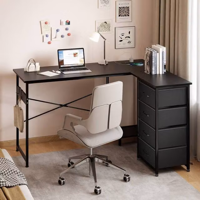 Levede Reversible L-shaped Corner Desk with 4 Drawers in Black