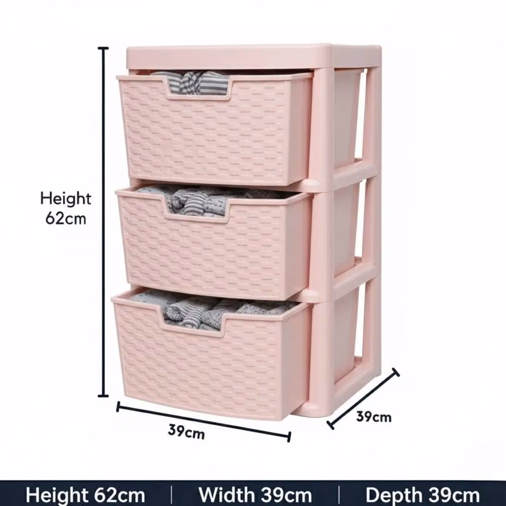 SPETLEK Large Pink Rattan Effect 3 Tier Plastic Drawer Unit – 2