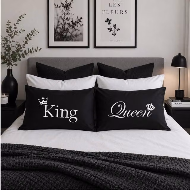 60 SECOND MAKEOVER King and Queen Crown Black Cotton Pillowcases