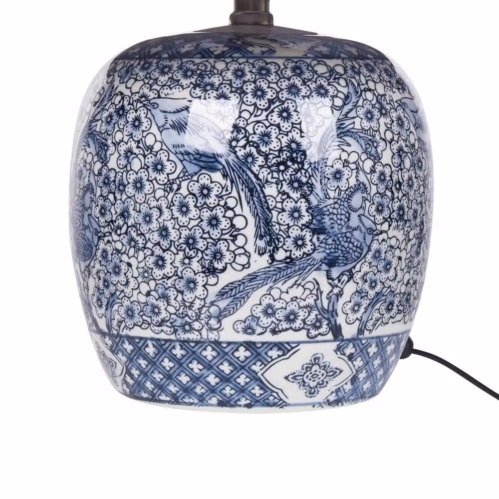 Wyld and Coco Bluehaven Blue and White Porcelain Bedside Lamp with Brown Linen Shade, Height: 53 cm – 4