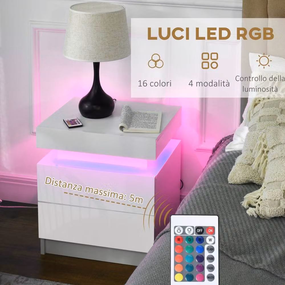 Wyld Haus Nisu Set of 2 High Gloss White Bedside Tables with Integrated LED Lighting, W/D/H: 45 x 35 x 52 cm – 3