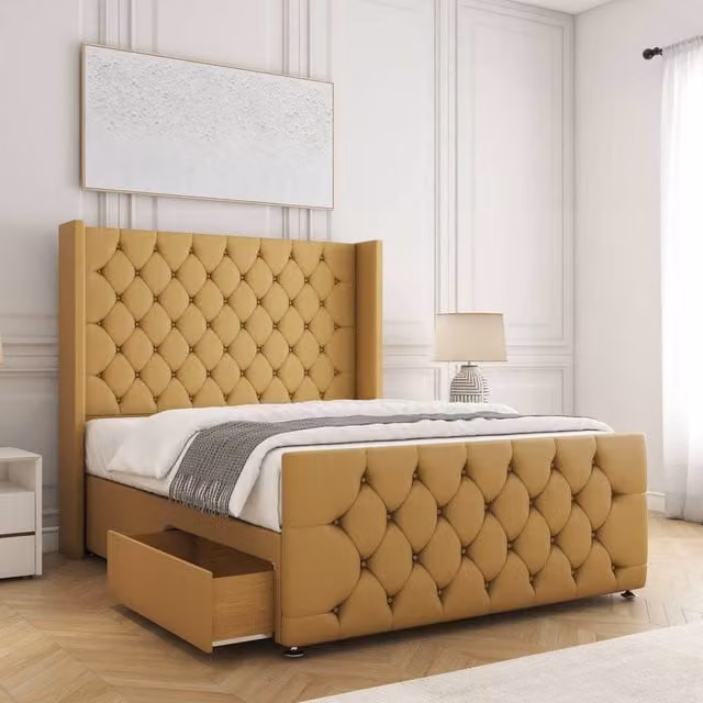 BSSPOKE Florida Double Divan Bed with 2 Drawers and Mattress in Yellow Velvet