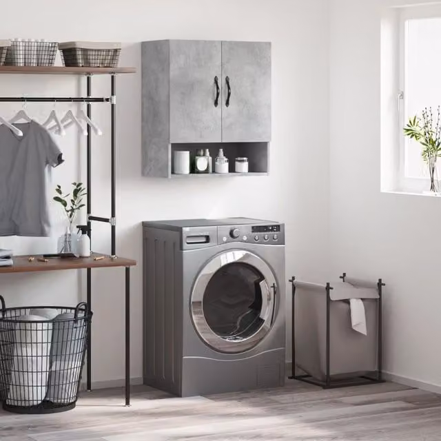 Berkfield Home Wall Mounted Cabinet in Concrete Grey with Hinged Doors and Open Shelf, W/D/H: 60 x 31 x 70 cm – 1