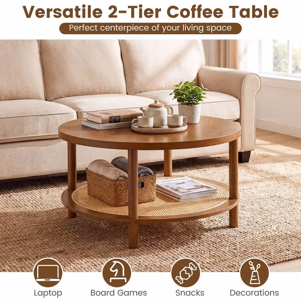 KORVIXA Round Boho Accent Table with Shelf in Brown Rubberwood, W/D/H: 100 x 100 x 80 cm – 5