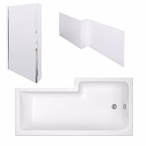 Nuie SBATH28 Modern Square Left Hand Shower Bath with Quattro Bath Screen and Side Panel, White, W: 1500 mm, D: 850 mm – 1