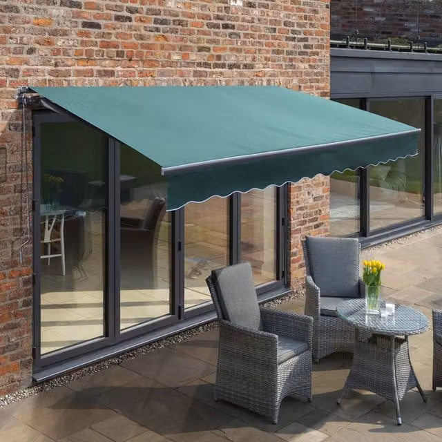 Primrose Manual Retractable Aluminium Awning with Plain Green Polyester Fabric W: 350 cm, D: 250 cm