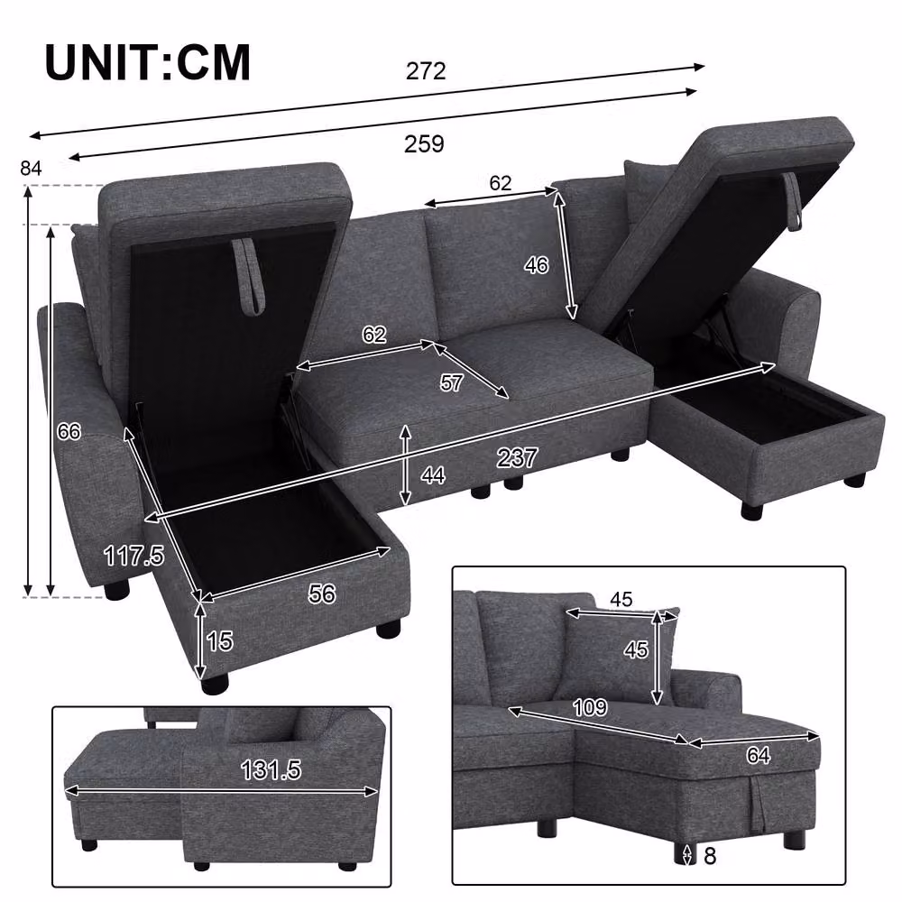 BTM U-Shaped Chenille Sofa in Grey with 2 Storage Chaises and Lift-Up Seats, Width: 272 cm – 2