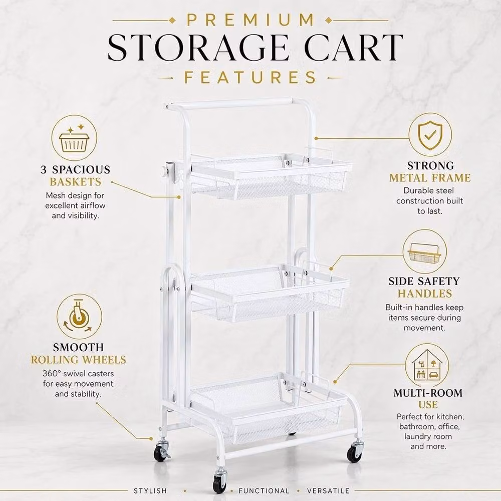 EONLION 3 Tier Rolling Utility Cart in White with Adjustable Metal Shelves – 2